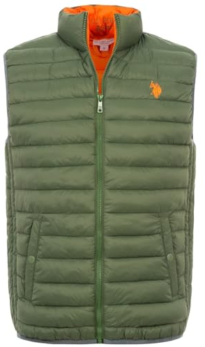 U.S. POLO ASSN. Herren Weste (S-XXL) gesteppt mit hochstehendem Kragen und Druckknopftaschen - P025 Olive-Orange Größe L - Gr.L