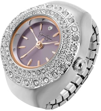 Jessica Simpson Women's Silver Adjustable Ring Watch – Crystal Bezel, Quartz Analog Mini Dial, Stretch Band Fashion Jewelry Accessory