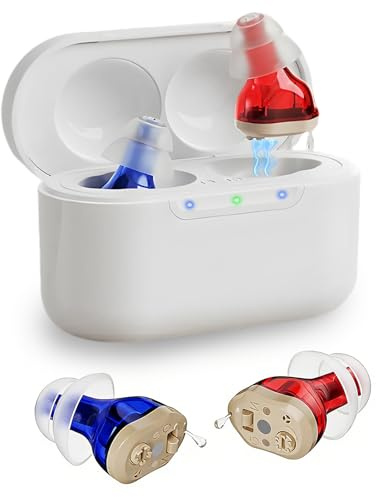 Dispositivo de sonido recargable para personas mayores y adultos, dispositivo de audio invisible con reducción de ruido inteligente, funda de carga de encendido/apagado automático, diseño intrauditivo