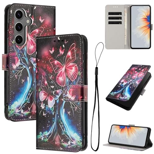 Wigento Klapphülle für Samsung Galaxy S26 5G, Kunstleder, Kartenfach, Standfunktion, Schmetterlinge Motiv, stoßfest, Handyhülle (Schwarz)