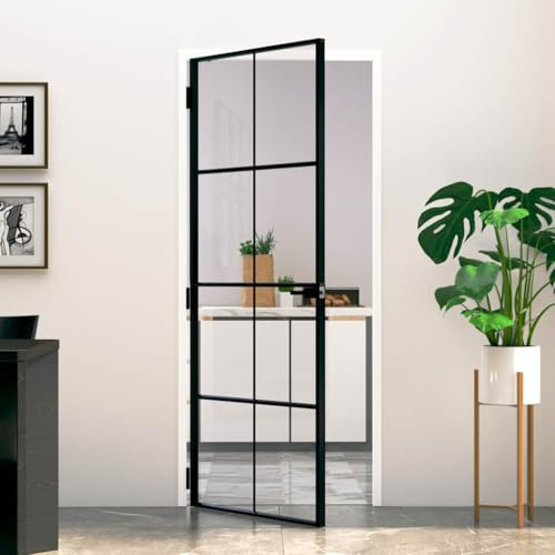 Ordellia Puerta interior negra 83 x 201,5 cm vidrio templado marco de aluminio delgado con inserto de cristal, doble cara, montaje en marco de madera, diseño moderno para vivienda, duradera y