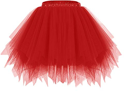 bridesmay Damen Tüll Rock Petticoat Unterrock Kurz Ballett Tutu 50er Rockabilly Tütü Mini Rock Karneval Kostüm Crinoline Rot Red L