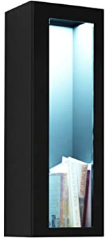 Hängevitrine Vigo Glas 90, Vitrinenschrank, Grifflose Öffnen, Farbauswahl, Stauraumvitrine Hochschrank, Wohnzimmer Highboard, Schrank, Vitrine (mit blauer LED Beleuchtung, Schwarz / Schwarz Hochglanz)