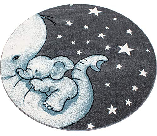 Ayyildiz Teppich-Kinderteppich Rechteckig und Rund niedlicher Elefant mit Sterne, Polypropylen, Blau, 120 X 120