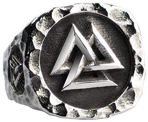 ForFox Vintage Schwarz Titan Edelstahl Wikinger Valknut Ring Dreieck Ring Siegelring mit Nordische Vegvisir Kompass für Herren Damen Größe 62