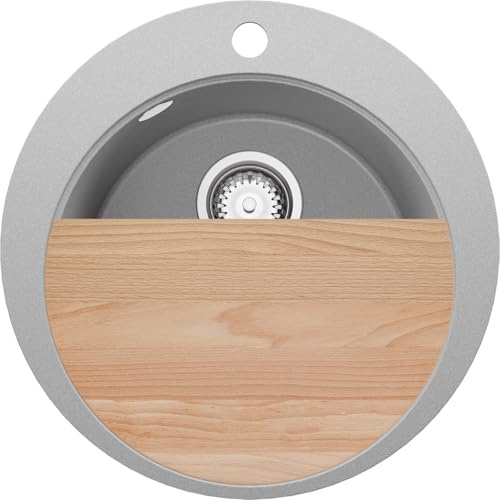 PRIMAGRAN Spülbecken ab 45er Unterschrank + Ablauf-Set, 50x50cm | Set: Ablauf-Set (Siphon, Ablaufgarnitur, Überlauf) + Schneidebrett + Granitspüle 1 Becken - Piza Top, Grau