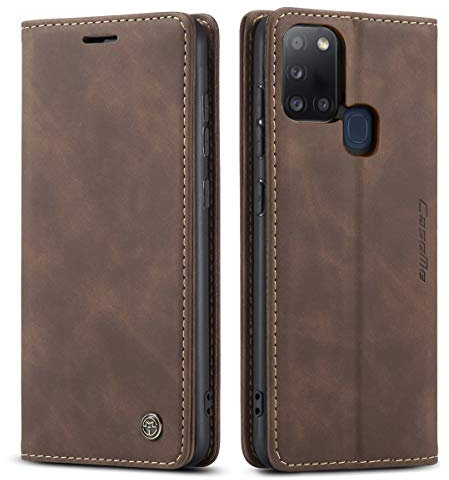 QLTYPRI Case for Samsung Galaxy A21S, Vintage PU Leather Wallet Case Card Slot Kickstand Magnetic Closure Shockproof Flip Folio Case Cover for Samsung Galaxy A21S - Coffee Brown