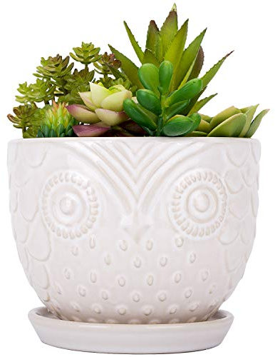 VanEnjoy 6.5 Inch White Owl Ceramic Planters Plant Pot for Medium Plant, Succulent, with Saucer