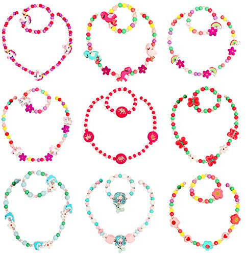 Hifot Schmuck Mädchen Kette Armband 8 Set, Einhorn Meerjungfrau Flamingo Schmetterling Regenbogen Holz Beads Halskette Armbänder Schmucksets für Kinder Gastgeschenke Geschenk