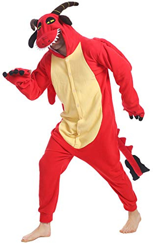 dressfan Unisex Drache Kostüm Tier Jumpsuits Onesie Pyjamas Schlafanzug Cosplay Kostüm Rot Karneval Halloween Kostüm für Damen& Herren