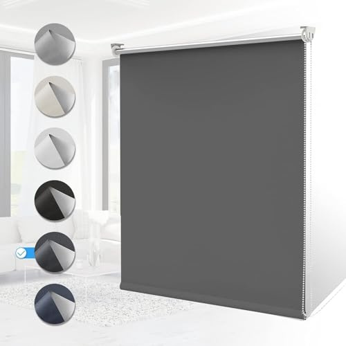 Verdunklungsrollo Klemmfix ohne Bohren Rollos für Fenster Innen B70 x H140 cm Dunkelgrau Thermorollo Klemmrollo Seitenzugrollo Sicht-und Sonnenschutz Wandmontage