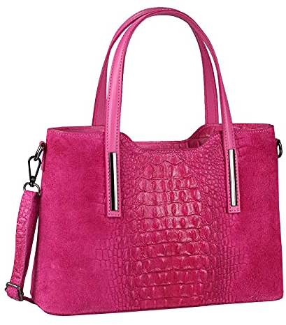 OBC Made IN Italy Damen Echt Leder Tasche Kroko-Prägung Business Shopper Wildleder Schultertasche Handtasche Ledertasche Umhängetasche (Pink)
