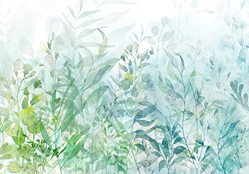 decomonkey Fototapete Pflanzen 350x256 cm Tapete Fototapeten Vlies Tapeten Vliestapete Wandtapete moderne Wand Wandbild Schlafzimmer Wohnzimmer Natur Laub Blatt Blätter Blumen Grün Blau Aquarelle