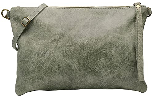 SH Leder Echtleder Umhängetasche Clutch im vintage look mittelgross Tasche Abendtasche 33x22cm Clara G396 (Olivgrün)