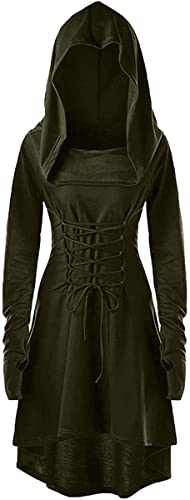 LATH.PIN Damenkostüm Cosplay für Halloween Karneval Partit Mit Kapuze Gürtel Mittelalter Vintage Asymmetrischer Elastischer Ärmel