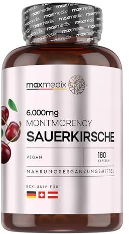 Montmorency Sauerkirschen Kapseln 6000 mg (50:1) - 180 Vegane Kapseln - 3 Monate Vorrat - 120 mg Sauerkirsch Extrakt aus Direktsaft - Tart Cherry Kirschextrakt - Nahrungsergänzungsmittel - WeightWorld