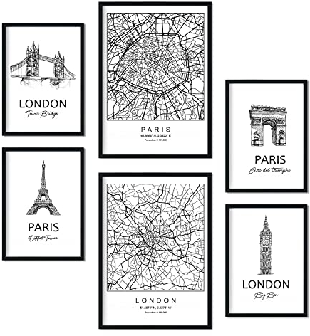 Nacnic Set von 6 Poster von Paris und London. Sammlung von Platten mit ästhetischer Collage für Innendekoration. Größen A3 und A4. Schwarzer Rahmen.