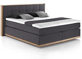 Mivano Levana Boxspringbett mit Sockel aus Eiche, 7-Zonen-Federkern, Matratzen H4 + Topper Premium, Chenille, Grau, Liegefläche 180 x 200 cm