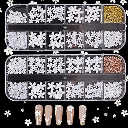 3D White Nail Flowers for DIY Art - 2 Set Acrylic Flower Nail Charms with Gold Caviar Beads, Resin Decals & Pearls