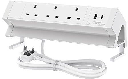 Desk Power Socket, BQO Aluminum Alloy Desk Power Strip with 3 UK Plug, USB A and USB C (15.5W), 2M Cable, Desk Plug Socket for Home Office School, White