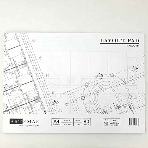 Artemae Artists Layout Paper A4 Pad, 80 Sheets, Great for Rough Sketches, Drafting & Tracing, Acid Free, 80gsm Paper, Gummed on One Edge for Easy Removal