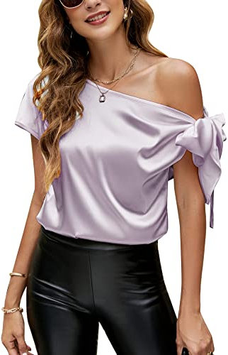 VIDUSSA Camicetta da donna con spalle scoperte, in seta, casual, a maniche corte, asimmetrica, in raso, Viola chiaro, M