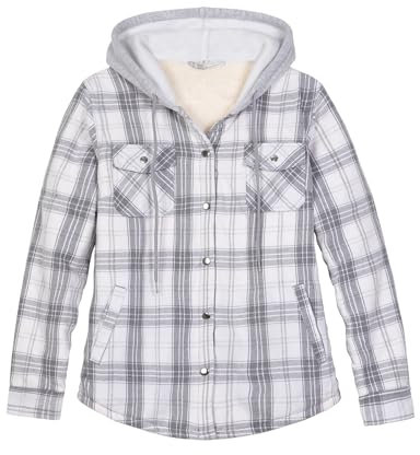 ZENTHACE Damen Flanellhemdjacke mit Kapuze, Sherpa gefüttert, karierte Shacket-Jacken, Druckknopf vorne, Mondstein, S