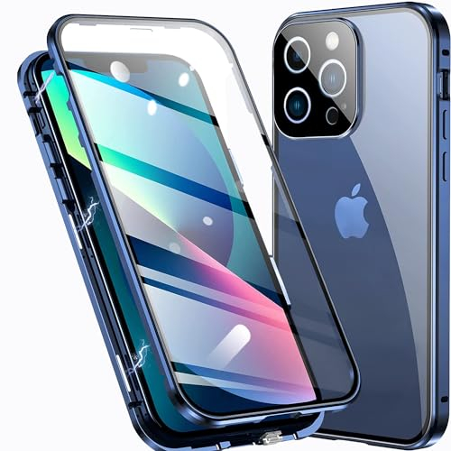 TOPF&B Case for iPhone 15 Pro Max Magnetic Cover,Transparent Tempered Glass Full Cover with Camera Protector,360 Degree Metal Bumper Case for iPhone 15 Pro Max,Clear Blue