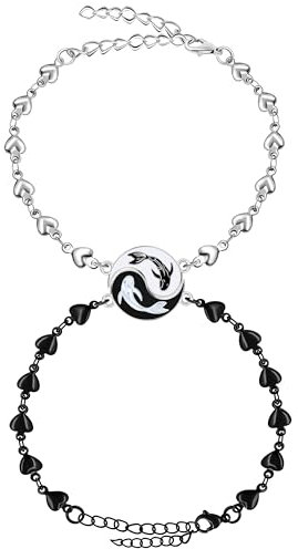 JunyiDIY 2 PCS Yin-Yang Koi-Fisch Edelstahl Liebes Kettenarmband - Verlängerte Kette, Passende Puzzle-Yin-Yang-Armbänder Für BFF Beste Freunde, Glücksarmband Für Ehefrau Ehemann