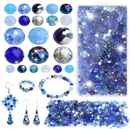 TAIHOBO 1020 Stück Perlen zum Auffädeln Blaue, Facettierte Glasperlen zum Auffädeln, 4 6 8mm Pearl für Armbänder, Bastelperlen Mix Glitzersteine für Basteln, Jewellery Making und Armbänder (Blau)