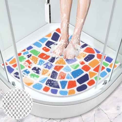 ZOKBOM Tapis de Douche d'angle Antidérapant, 60x60cm Tapis de Douche d'angle en Luffa avec Drain, Triangulaire Tapis de Douche pour Personnes âgées, Lavable en Machine