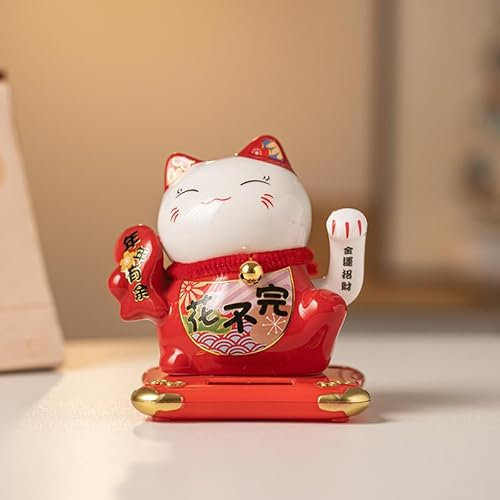Mini Maneki Neko à Bras Mobile avec Panneau Solaire, Chat Chinois Porte Bonheur en Porcelaine, Feng Shui Porte, Statuette en Céramique Décorer Pour la Voiture Bureau Magasin et Maison 9X10X11CM,Red2