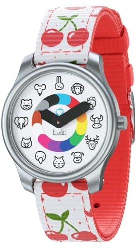 Twistiti Erste pädagogische Armbanduhr für Kinder, Zifferblatt mit Tiersymbolen, zum Lernen der Zeit ab 3 Jahren, wasserdicht bis 50 m, lumineszierend, austauschbare Armbänder, kirschrot, pädagogisch