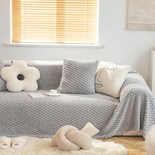 AMDXD Sofaüberwurf, Einfarbig Gitter Muster Ecksofa Bezug rutschfest, rutschfeste Sofaüberwurf Hund in Plüsch für Hunde Haustierfreundliche - 180x230CM, Grau