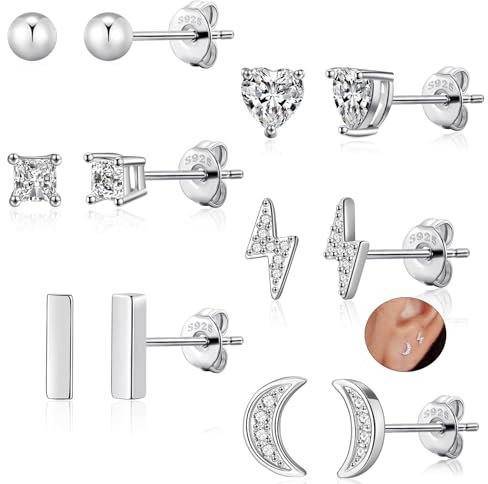 VEEDOFA de Boucles d'Oreilles Clou en Argent pour Femmes, Ensemble de Boucles d'Oreilles Clou en Argent Sterling 925 Hypoallergéniques, de Boucles d'Oreilles Clou Lune Boule Cœur pour Cadeaux Femmes