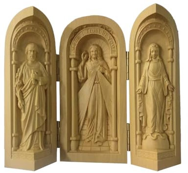 Wnvivi Mini Estatua Hecha a Mano de la Sagrada Familia, Escultura de Cilindro de Jesús de Madera Que Se Puede Abrir, Figuras de Natividad de Boj Hechas a Mano, Decoración de Tríptico de Jesús