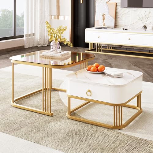 BTM Lot de 2 Tables Basses Gigognes, Carrée 60/50 cm, Texture de Marbre Brillant, Plateau en Verre, Tiroir, Blanc & Doré