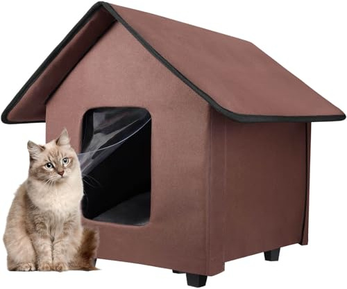 Outdoor Cat House Waterproof, Foldable Cat House with Elevated Base and Removable Mat, Cat Shelter for Outdoor Cats and Small Dogs, Winter House for Outside, Available in All Seasons, Brown