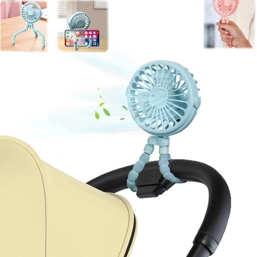 Pram Fan Clip on Stroller, Portable Clip on Fan with 3 Speeds & Night Light, 500mAh USB Rechargeable Stroller Fans, Mini Handheld Baby Fans for Pram Buggy Pushchair Car Bike Camping Travel (Blue)