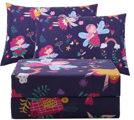 JSD Lila Feen Kinder-Bettwäsche-Set, Full-Size, 4-teilig, Mädchen, floral bedruckte Mikrofaser-Bettwäsche, extra tiefe Tasche
