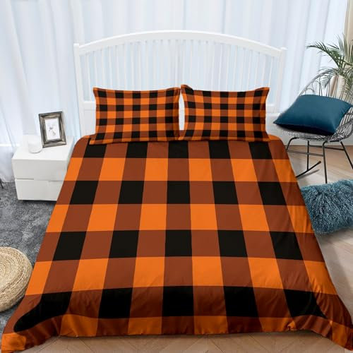 Bettwäsche-Sets 135x200 Orange-Schwarz Karierte Geometrische Streifen Minimalistische Kunst Bettbezug Weiche und Angenehme Mikrofaser Allergiker, Bettwäsche mit Reißverschluss und 2 Kissenbezug