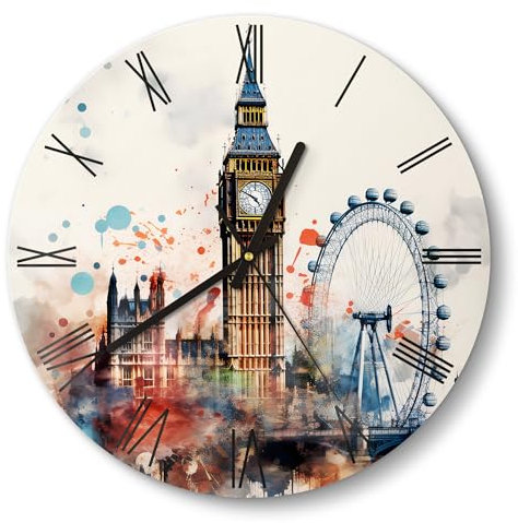 DEQORI Glasuhr | rund Ø 30 cm | Motiv Londoner Farbtanz | ausgefallene leise Design Uhr aus Glas | Wanduhr für Wohnzimmer & Küche | moderne Hingucker Uhr für die Wand