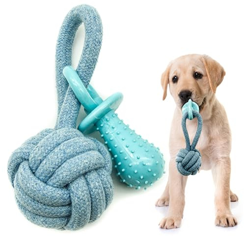 Petopedia 2 in 1 – Braided Knot Balls for Dogs with Dummy – Puppy Chew Toys, Rope Toys, Washable Interactive Toys for Boredom, Training, Teething (Blue)