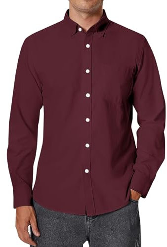 siliteelon Men's Oxford Shirt Long Sleeve Smart Casual Plain Regualr Fit Button Down Shirts with Pockt Burgundy M