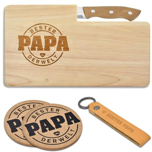 Vatertagsgeschenk für Papa, Papa Geschenkset Frühstücksbrettchen,Geschenk für Männer Opa auf Vatertag Weihnachten Geburtstag (Holzbrett+Schlüsselanhänger+Untersetze)