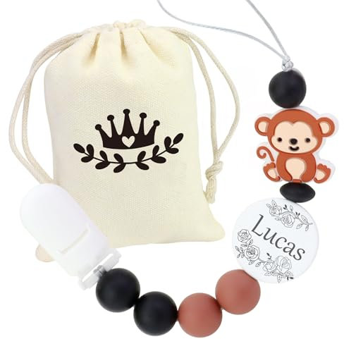 Personalisierter Schnuller mit Namen | Personalisierter Schnullerclip | Geschenk für Neugeborene und Jungen | Glitzer Schnullerzubehör mit Namen (0-6 Monate) (Affe)