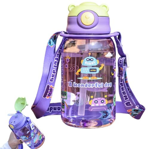 Heidouse Kawaii Water Bottle, 650ml Cute Bear Water Bottles with Straw and Strap, Portable Leakproof BPA-free Drinking Cups for Kids Girls Women Sports Camping Picnic Hiking Travel, Purple