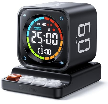 Ticktime TK3 Pomodoro Timer, Würfel-Timer mit 5/10/30/60 Min, 25/5 Pomodoro, Custom Countdown & Stoppuhr, Uhr, 3 Alarme, Lautlos/Vibration/Ton, für ADHS, Lernen, Küche, Arbeit, Schwarz
