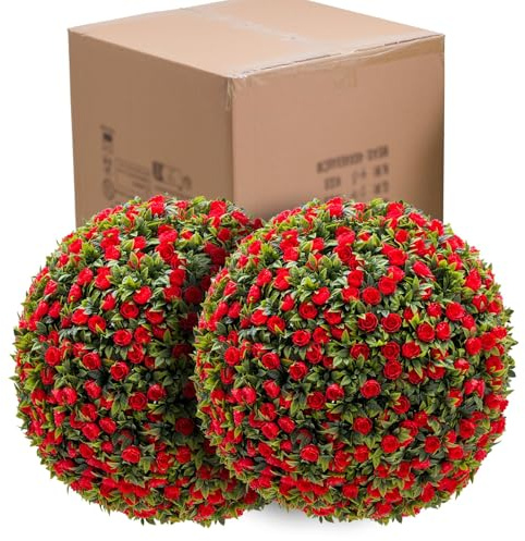 Buchsbaumkugel 2er-Set, 40 cm Dekokugel mit Blumen, UV-beständig Kunstpflanze Dekopflanze mit Kette, Künstliche Pflanze Kugelpflanze für Hochzeit, Buchsbaum Kugel Formschnittball für Haus Balkon - Rot