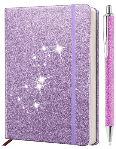 SIMDAO A5 Glitzer Notizbuch mit Stift, 100 Blatt/200 Seiten Liniertes Journal 80 g/m², Violett Hardcover Tagebuch mit Glitzer Kugelschreiber, Geschenk für Mädchen Frauen, Schule Büro Journaling